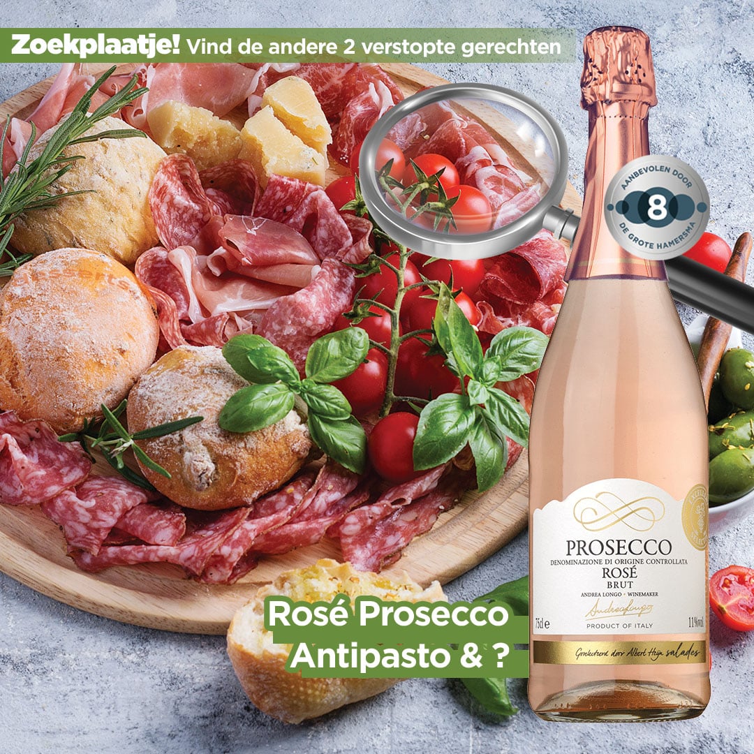 Charcuterie platter with bread, herbs, tomatoes, and a Rosé Prosecco bottle; a magnifying glass overlays the tomatoes for a Dutch puzzle banner.