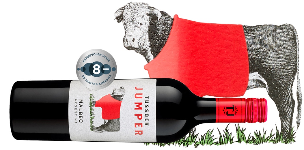 Wine bottle labeled Jumper Malbec with a red-coated dog illustration behind the label.