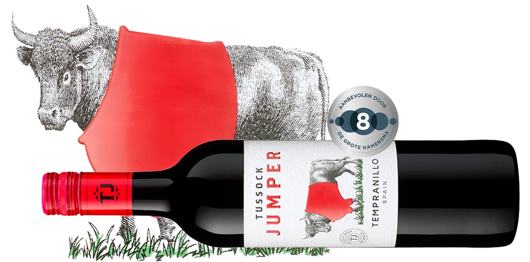 Bottle of Tempranillo wine lying on its side with a red bullfighting cape and an illustrated bull in the background, brand label visible.